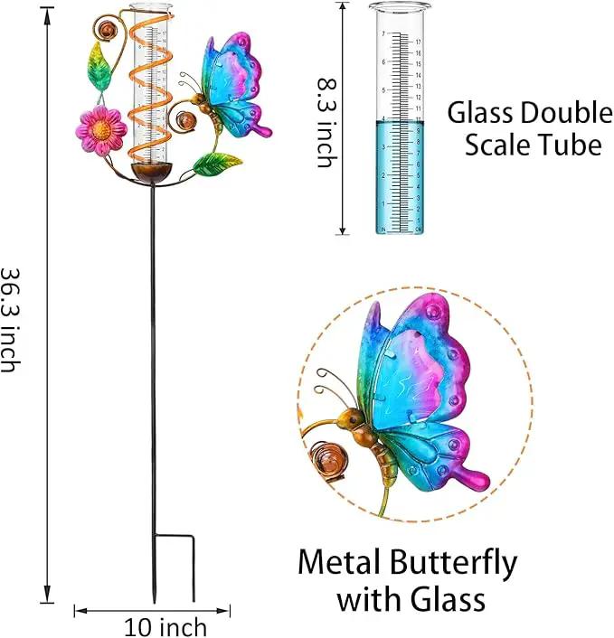 LEWIS&WAYNE 36.3” Butterfly Rain Gauge Outdoor, 7” Glass Tube Solar Powered 10 Warm White LEDs Garden Metal Stakes Decorative Waterproof for Yard Garden Patio Lawn by GreenHaven Gardens