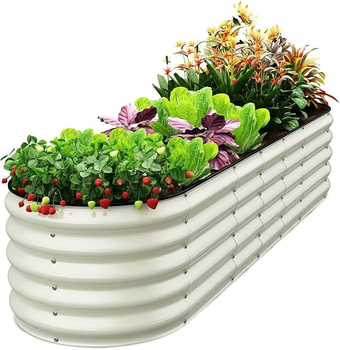 Oval 8x2x1.5 FT Galvanized Raised Garden Bed Kit, 31 in 1 Large Metal Planter Box for Outdoor Gardening, 18” Garden Bed for Vegetables Flower Herb(Pearl White) by GreenHaven Gardens