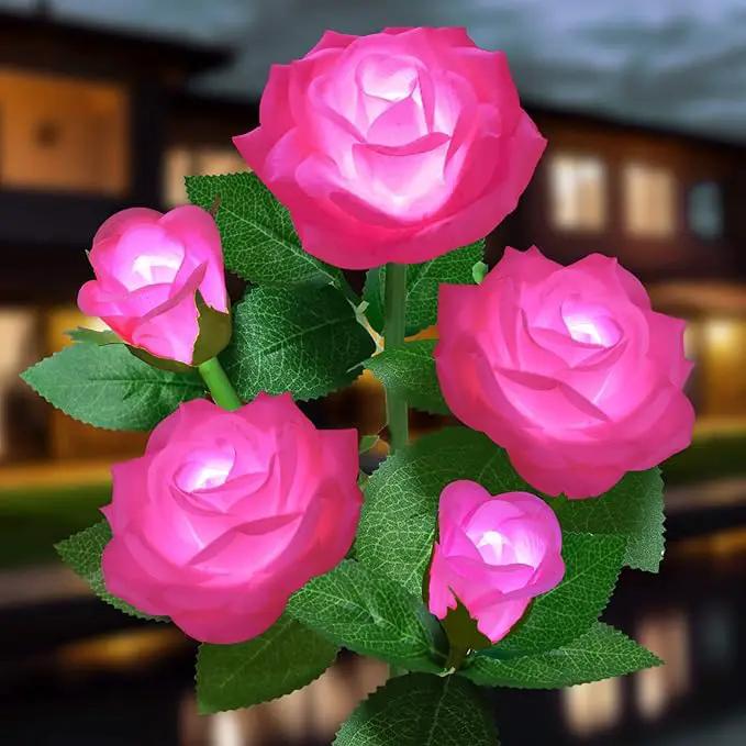 Solar Flower Lights Outdoor - Upgraded New Material Two Modes Realistic LED Solar Powered Waterproof Lights with 5 Roses, Solar Decorative Stake Lights for Garden (Pink, 1 Pack) by GreenHaven Gardens