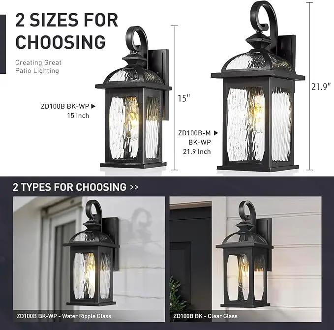 zeyu 15 Inch Outdoor Wall Lights Exterior, Outdoor Patio Light Fixture for Garden Porch, Die-Cast Aluminum with Water Ripple Glass, Black Finish, ZD100B BK-WP by GreenHaven Gardens