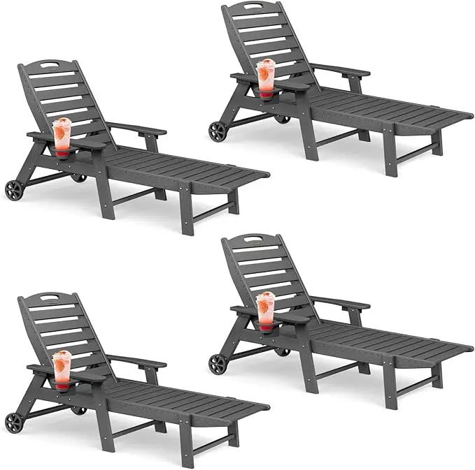 Lounge Chair Outdoor Set of 4 with Wheels, Adjustable 6-Position Chaise Lounge Outdoor, Patio Lounge Chair for Poolside Backyard, Grey by GreenHaven Gardens
