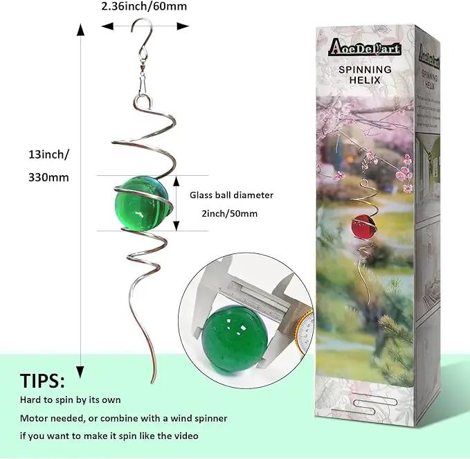 Wind Spinner Tail Gazing Ball Spiral Decorative Wind Spinner Sun Catcher 11inch Tail and 2 inch Glass Orb. Indoor Outdoor Garden Decoration Wind Sculptures-13 inch Height (Green) by GreenHaven Gardens