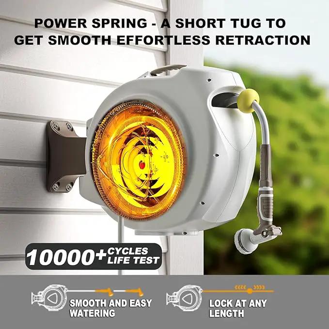 Retractable Garden Hose Reel, 5/8 in 100+6 ft, Heavy Duty Wall Mounted Water Hose Reel, Spring Power Automatic Rewind, Any Length Lock, 180° Swivel Bracket, 10 Pattern Spray Nozzle by GreenHaven Gardens