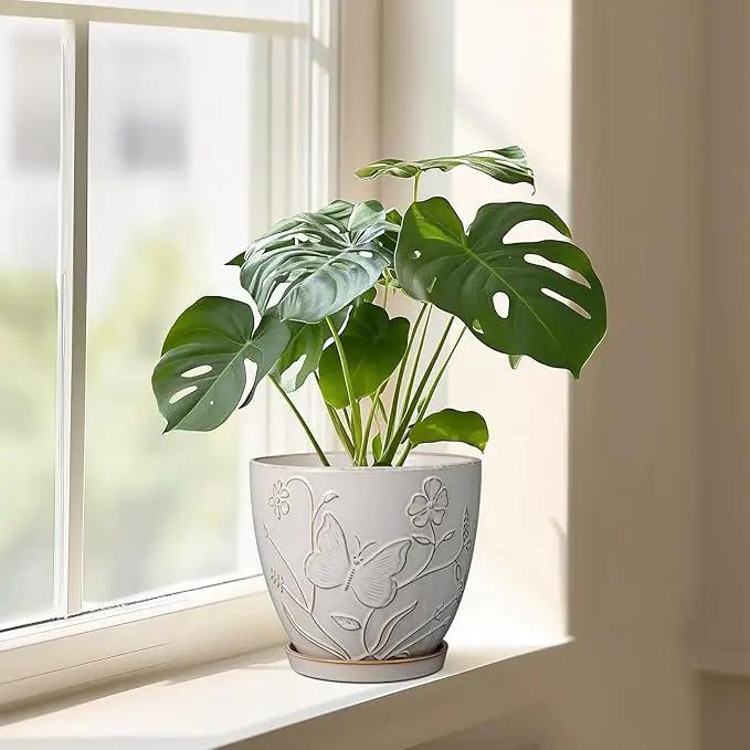 8 Inch Ceramic Pots for Plants Large Planter Pot with Drainage Hole and Saucer Round Flower Pot for Indoor Outdoor Decor, White by GreenHaven Gardens