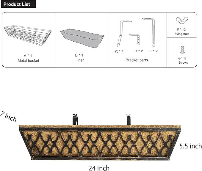 4 Pack 24 Inch Window Boxes Planters Railing Planter Box with Adjustable Brackets for Porch Fence Patio Balcony Hanging Flower Baskets with Coco Liners for Outdoor Garden Decor - Bronze