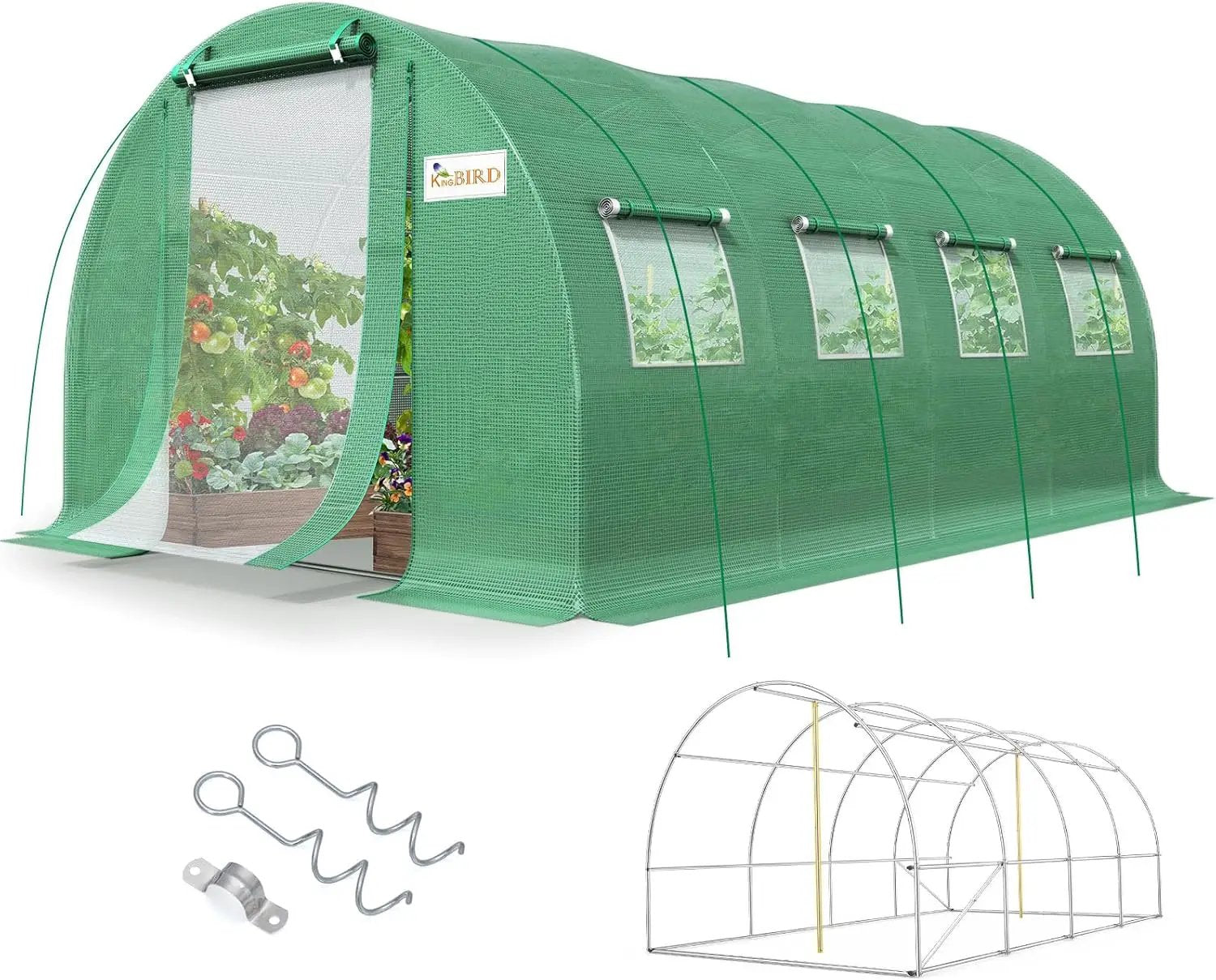 KING BIRD Premium 20x10x6.6FT Greenhouse for Outdoors, Large Walk-in Heavy Duty Galvanized Steel Frame, Mesh Door Screen Window Upgraded Zipper Tunnel Hoop for Garden Plant Winter, Green by GreenHaven Gardens