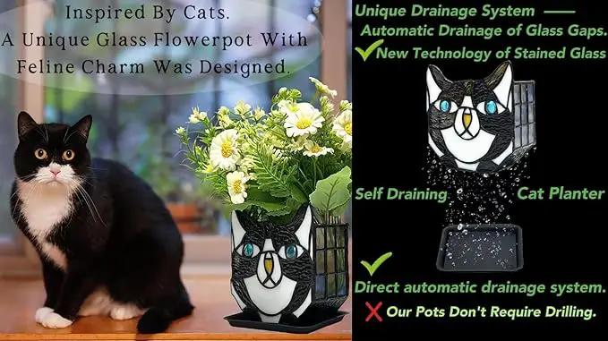 Tiffany Cute Cat Stained Glass Flower Pots,Indoor and Outdoor Plant Displays,Black Cat Plant Planter,Candle Holder Container Decoration 4.6 x 5.15 x 3 inch(Without Succulents) by GreenHaven Gardens