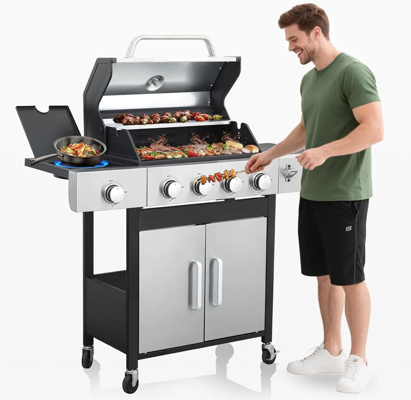 4-Burner Propane Gas BBQ Grill with Side Burner, Porcelain-Enameled Cast Iron Grates and Side Tables, 46,790 BTU Stainless Steel Grill for Outdoor Camping Barbecue Grilling Backyard Cooking by GreenHaven Gardens