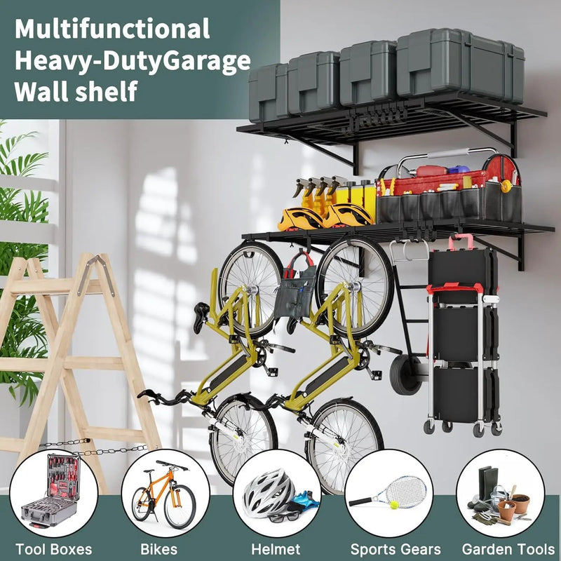 2 Pack Heavy Duty Garage Wall Shelves, 2' x 4' Wall Mount Storage Shelf with Hooks, Wall Organization System, Holds 250 lbs Each by GreenHaven Gardens