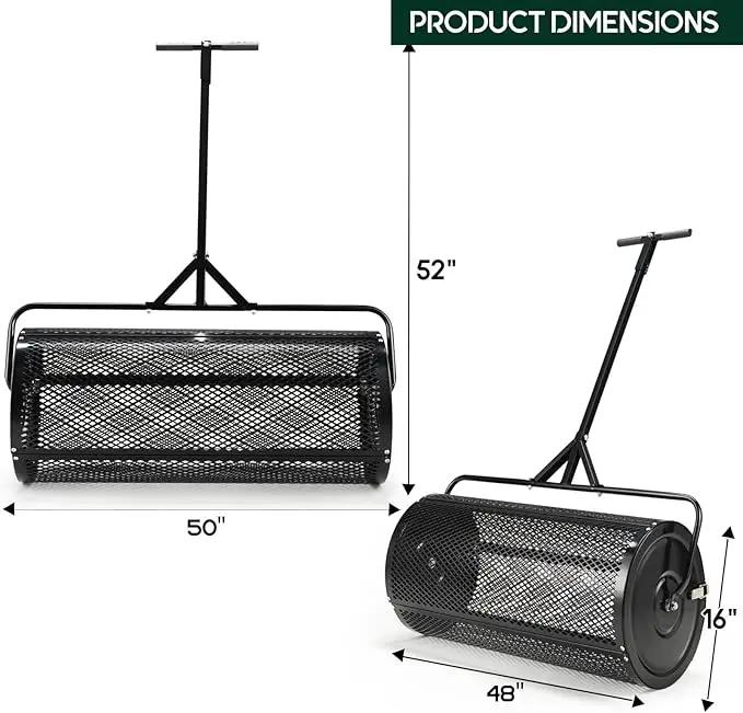 Compost and Peat Moss Spreader with Updated 2 in 1 ATV & T Shaped Handle, 16”WX48”L, Lawn and Garden Peat Moss Roller w/Laser Cutting Wire Mesh Baskets for Spreading Manure, Topsoil by GreenHaven Gardens