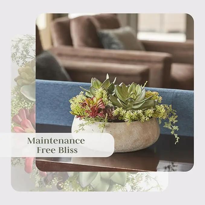 Round Faux Succulent Arrangement, 14" Premium Artificial Indoor Plant Enhances Interior Design, Display on Any Surface in Your Home Adding an Inviting Touch of Nature, Natural Planter Pot Included by GreenHaven Gardens