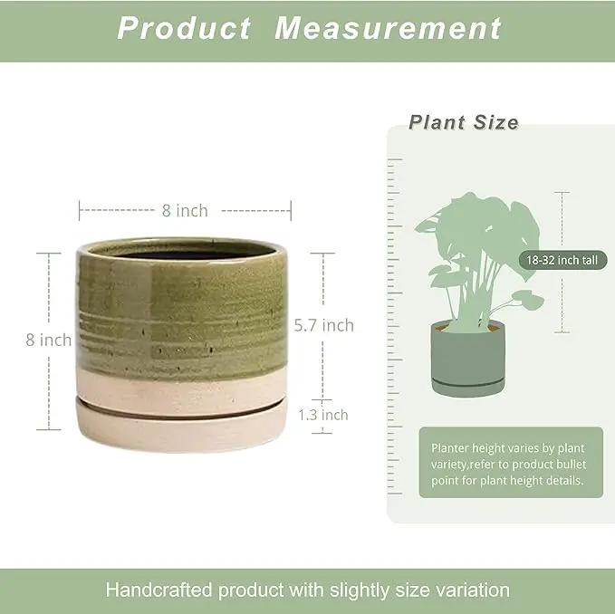 8 Inch Pots for Plants, Ceramic Planter Pot with Drainage Hole & Saucer, Indoor/Outdoor Cylinder Round Planter Pot, Green & Beige by GreenHaven Gardens