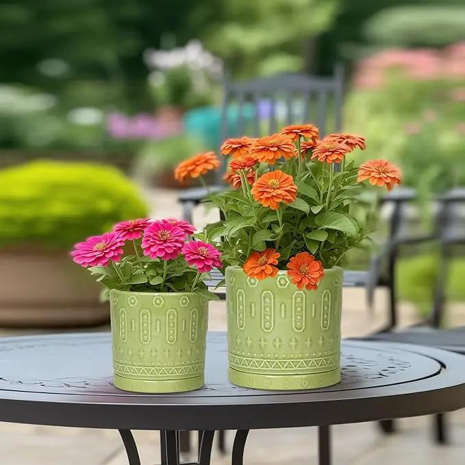 Ceramic Pot for Plants - 6 Inch Indoor Planter with Drainage Hole and Saucer, Round Decorative Flower Pots Outdoor, Boho Succulent Planter, Garden Home Decor, Gifts for Plant Lover, Green by GreenHaven Gardens