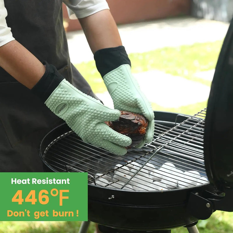 GEEKHOM BBQ Gloves Heat Resistant Oven Mitts - Silicone Grilling Gloves with 14" Long Arm Protection - Waterproof Pot Holder Non-Slip for Men & Women, Kitchen Cooking, Baking, Camping, Mint Green by GreenHaven Gardens