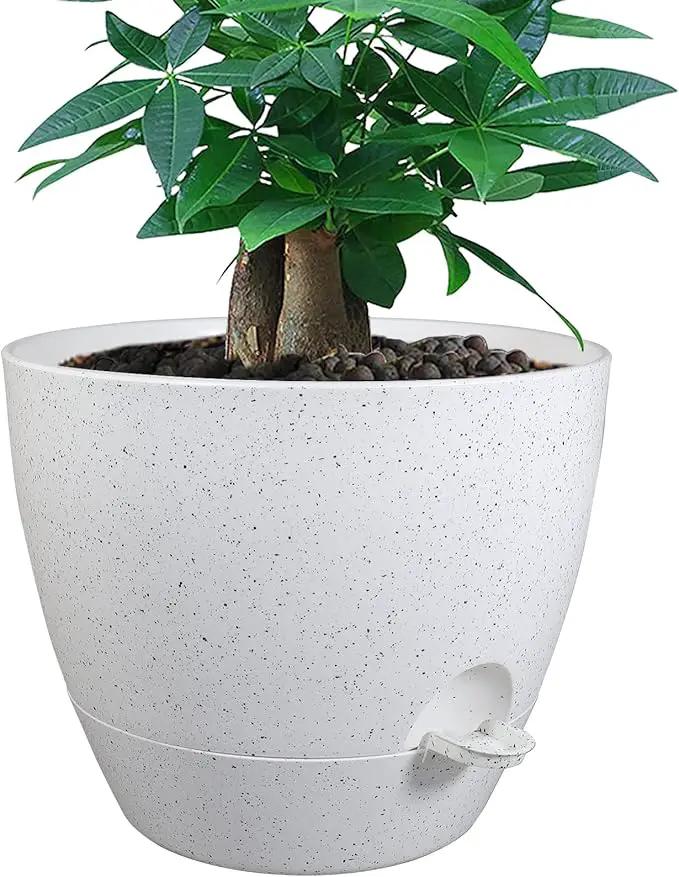 12 inch Large Self Watering Pots, Plastic Planters with 60oZ Removable Deep Reservoir and Multi Mesh Drainage Holes for Indoor Outdoor Garden Plants and Flowers, White Speckles by GreenHaven Gardens