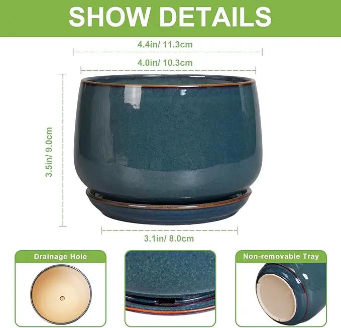 G EPGardening Ceramic Pots for Plants - 4 inch Plant Pots for Indoor Outdoor, Small Planter with Drainage Hole & Tray, Modern Succulent Pots, Round Planter, Office Decor, Home Gifts, Retro Blue by GreenHaven Gardens