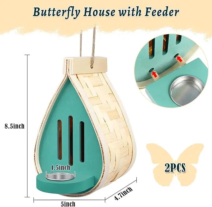 2 Pcs Butterfly House and Feeder, Wooden Hanging Butterfly House for Garden, Natural Butterfly Habitat with Butterfly Puddler for Bugs, Butterflies, Moths, Lacewings by GreenHaven Gardens