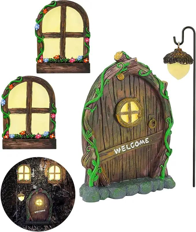 Resin Fairy Door & Window Set with Glow in The Dark Windows, Miniature Sculpture for Trees, Outdoor Decor Accessories by GreenHaven Gardens