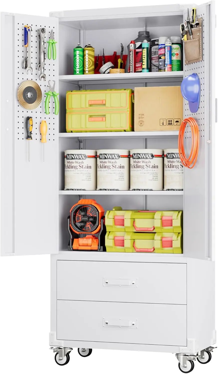 Aobabo 2 Large Drawer Metal Storage Cabinet with Wheels, Lockable Steel Storage Cabinet with 3 Adjustable Shelves with 6 Hooks for Home, Office, Garage, Classroom, White, Assembly Required by GreenHaven Gardens