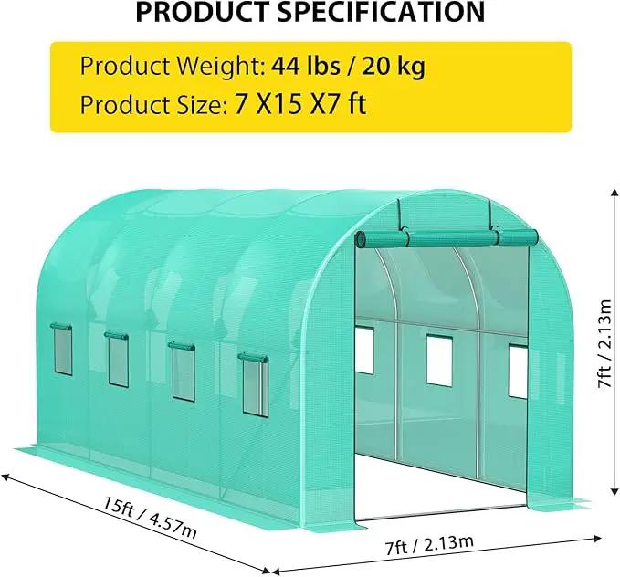 Compact Greenhouse Kit 7'x15'x7' with Galvanized Frame, 140G Green PE Cover, 1 Door & 8 Windows for Outdoor Gardening by GreenHaven Gardens