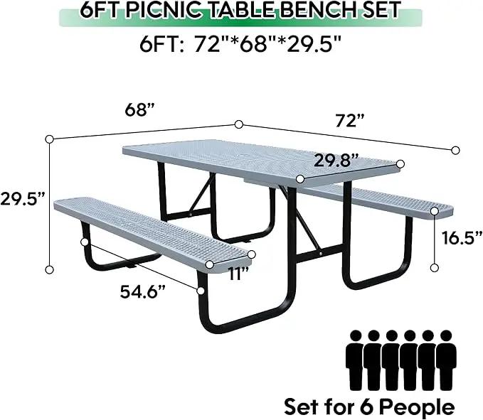 6FT Metal Picnic Tables for Outdoors, Commercial Rectangular Picnic Table and Bench Set for Outside, Patio, Garden, Backyard, Porch, Surface Mount, Grey by GreenHaven Gardens