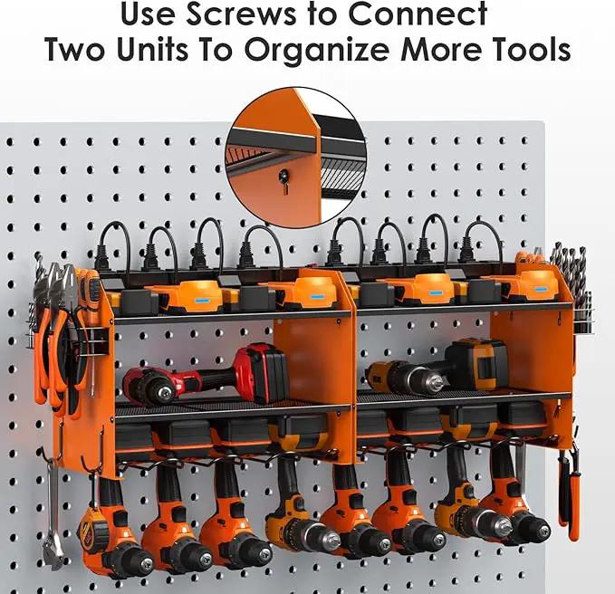 CCCEI Set Power Tool Organizer Wall Mount with Charging Station. Garage 4 Drill Storage Shelf with Hooks, Heavy Duty Metal Tool Battery Charger Organizer. Shop Utility Rack with Power Strip Orange. by GreenHaven Gardens