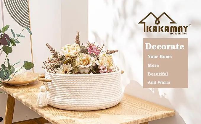 KAKAMAY Woven Baskets for Storage(16"x8"),Blanket Basket for Organizing Living Room,Cotton Rope Basket Woven Baby Laundry Hamper,Collapsible Laundry Room Organization,Clothes,Toy Chest(White) by GreenHaven Gardens