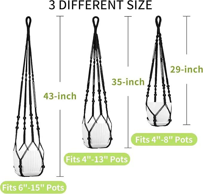 3 Pack Macrame Plant Hanger - 43"/35"/29" Different Sizes, Hanging Planter Basket Flower Pot Holder for Indoor Outdoor, with Wood Beads, Boho Home Decor, Black (POTS NOT Included) by GreenHaven Gardens
