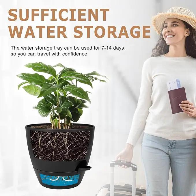 Plant Pots 10/9/8/7.5/7 Inch Self Watering Pots, Set of 5 Plastic Planters with Drainage Holes and Saucers,Plastic Flower Pots,Nursery Planting Pot for Indoor Out Door Plants(All Black) by GreenHaven Gardens