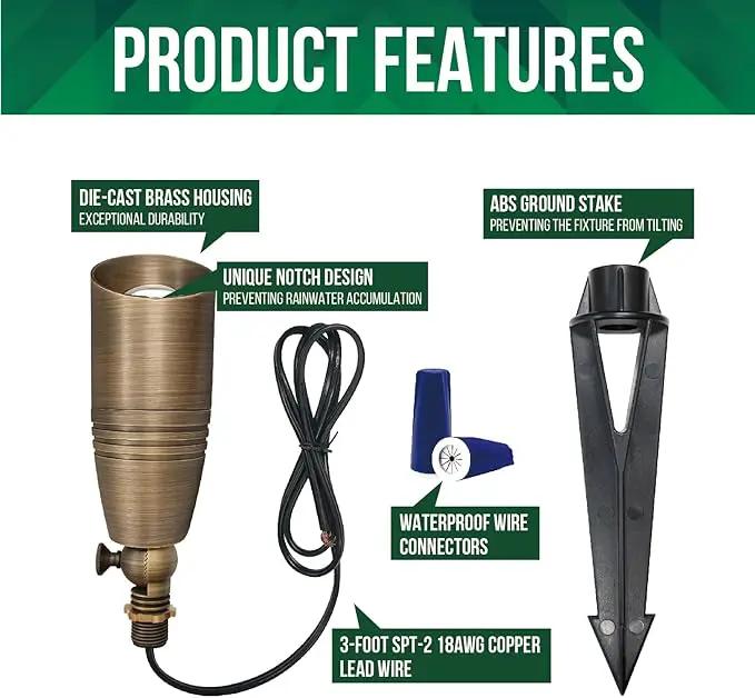 GKOLED 12-Pack Solid Brass Landscape Spotlight, 12V AC/DC Low Voltage Landscape Lights, Outdoor Directional LED Uplight Waterproof Fixture with ABS Ground Spike, Garden Spot Up Light Without Bulb by GreenHaven Gardens
