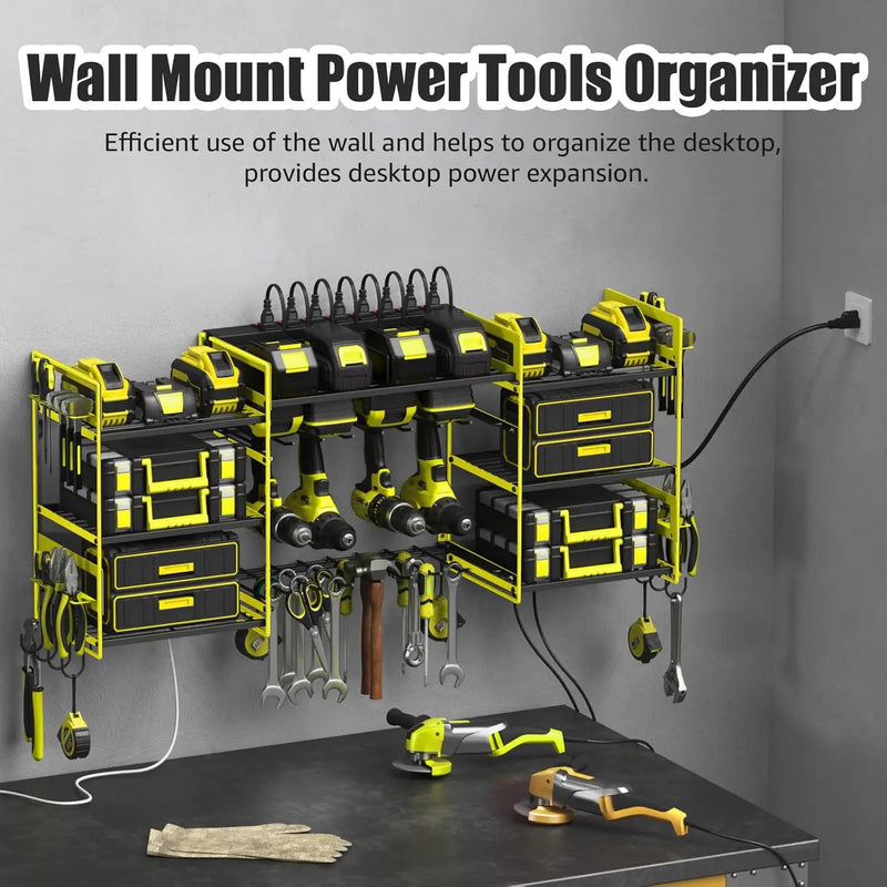 CCCEI Green Power Tool Organizer Wall Mount, Large Tools and Battery Storage Rack Charging Station Individual Switches. Drills Holder, Garage Utility Shelves with 6FT Power Strip. Gift for Men. by GreenHaven Gardens