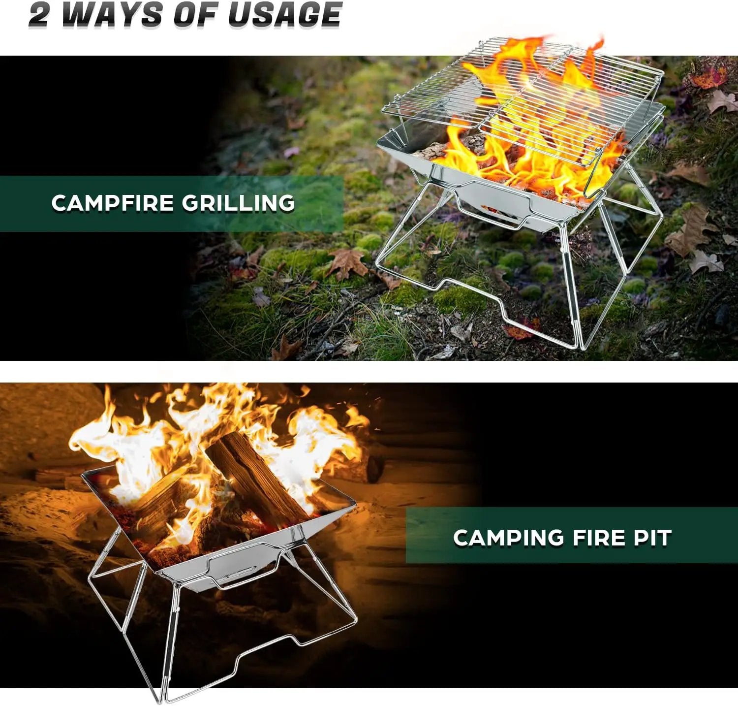 Odoland Folding Campfire Grill, 304 Stainless Steel Grate Barbeque Grill, Portable Camping Grill with Legs for Picnics, Backpacking, Outdoor with Carrying Bag and Kitchen Tongs by GreenHaven Gardens