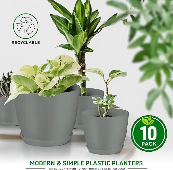 Planter Pots with Drainage Holes - Lightweight, Durable & Space-Saving Pots for Indoor and Outdoor - Versatile Functionality, Simple Modern Design, Set of 10 Plastic Planter Pots - Gray by GreenHaven Gardens