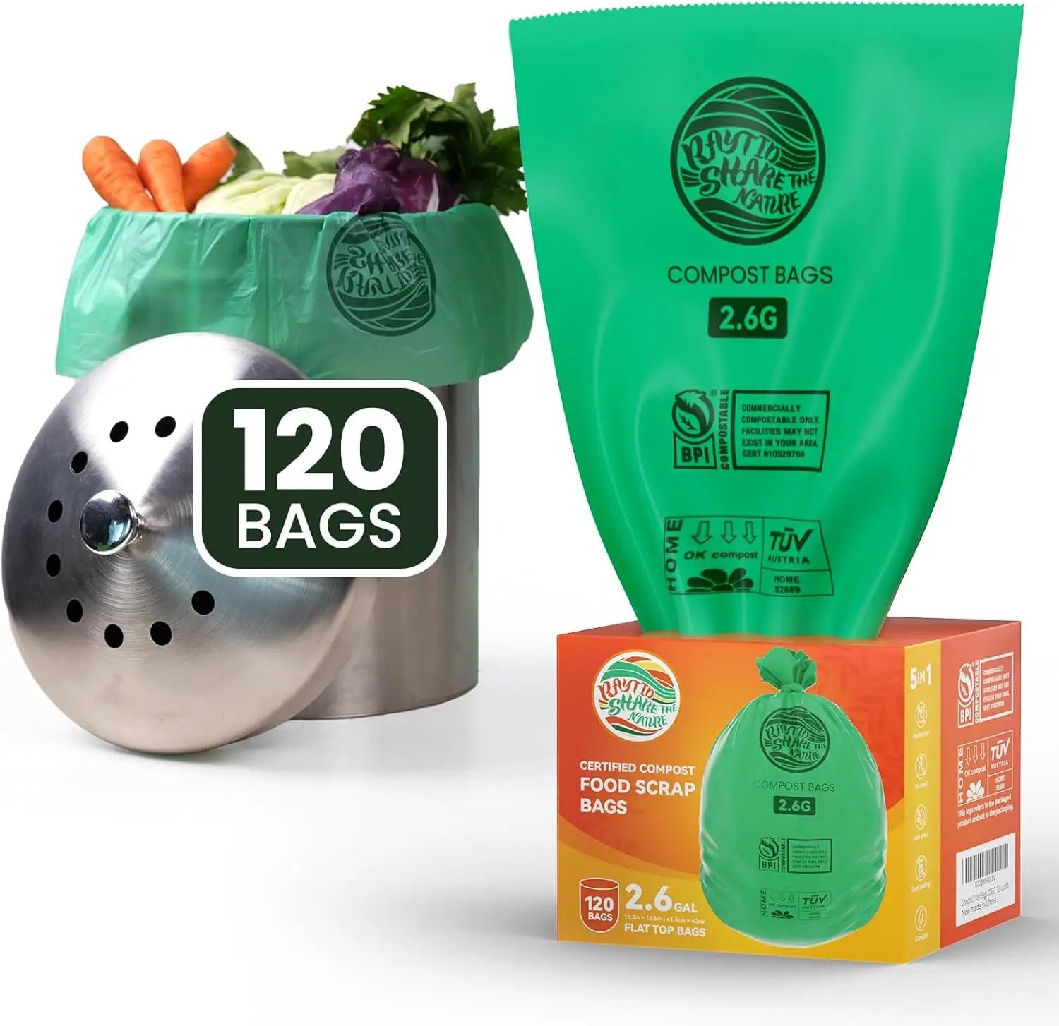 RAYTID Compostable trash Bags 2.6 Gallon Compost Bags for Kitchen Countertop Bin 1.3,2,3, Gallon, 120 Count,Small Kitchen Food Scrap Waste Bags,ASTM D6400, US BPI & Europe OK Compost Home Certified by GreenHaven Gardens