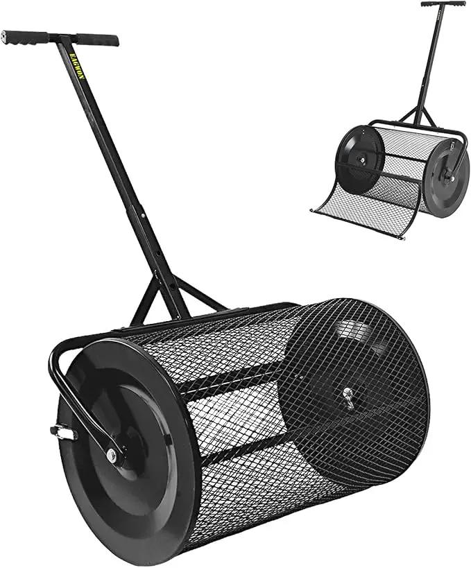 Compost Spreader, 24" Peat Moss Spreader, Roller Lawn Spreader with 3 Heights T Shaped Handle, Side Latches Powder Coated Steel Mesh Basket, Lawn & Garden Spreader for Spreading Manure Topsoil Black by GreenHaven Gardens