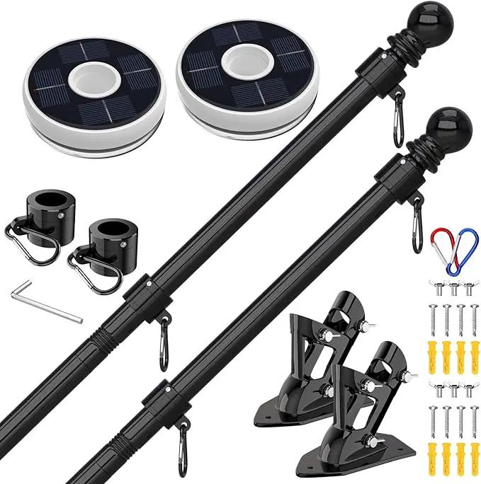ZMTECH 2 Pcs 6 FT Flag Pole with Solar Light - Adjustable Bracket, Stainless Steel Flag Poles for Outside House, Tangle Free Flag Pole Holder Kit for American Flag (Without Flag, Black) by GreenHaven Gardens