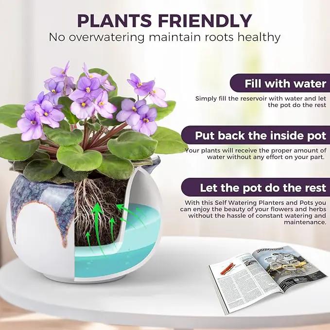 African Violet Pots, 6 inch Ceramic Easy Self Watering Plant Pot for Busy Plant Lovers, Automatically Absorb Appropriate Amount of Water, Flower Pot Indoor-Plants Not Included(Red) by GreenHaven Gardens