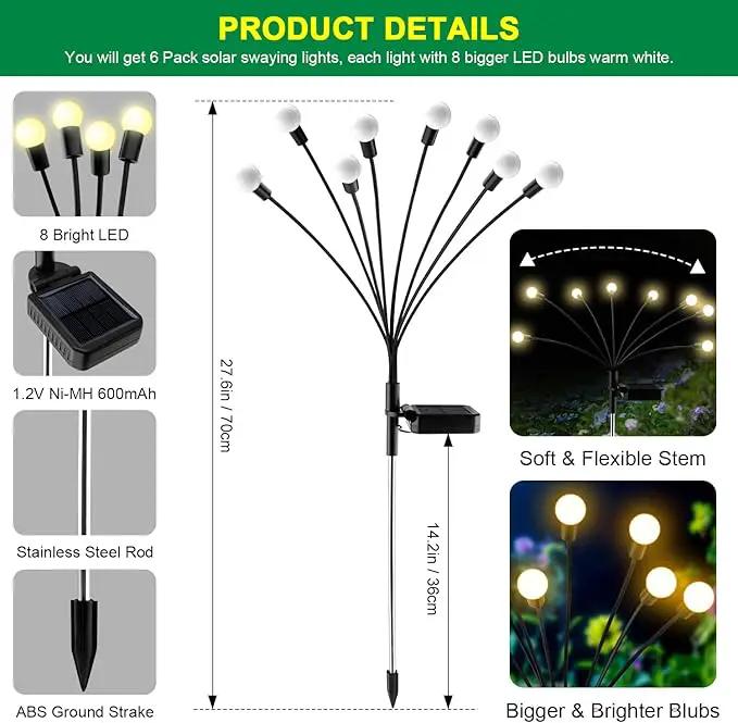 Solar Garden Lights - 6 Pack Solar Firefly Lights Outdoor Waterproof New Upgraded Swaying Landscape Lighting for Outside Pathway Patio Yard Garden Outdoor Decor Sway by Wind 8 LED Warm White by GreenHaven Gardens