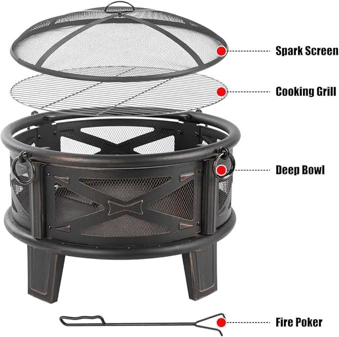 Breezz 26 Inch Wood Burning Fire Pit with Cooking Grill and Spark Screen, Outdoor Metal Round Firepit for Patio, Backyard, Bonfire Party, Camping by GreenHaven Gardens