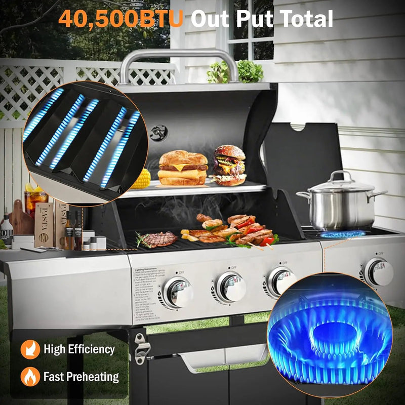 3-Burner Propane Gas Grill with Side Burner, 40,500 BTU Stainless Steel BBQ - Easy Assembly & Grease Management for Patio, Backyard, Camping (3+1Burner No Cover) by GreenHaven Gardens