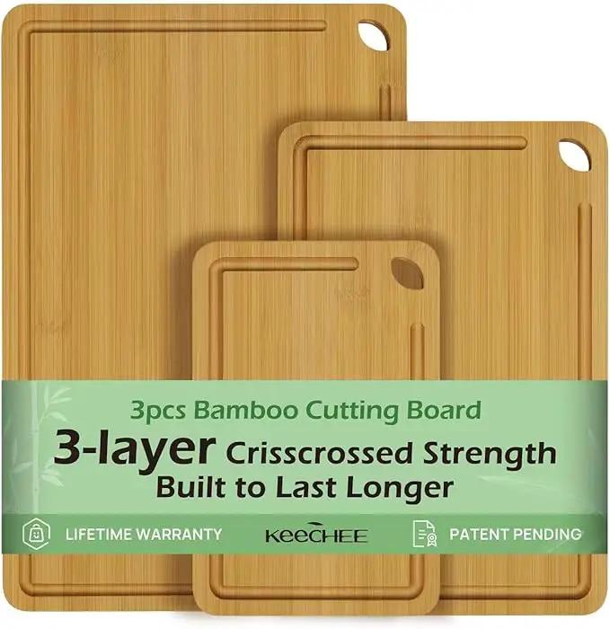 Wood Cutting Board for Kitchen - Reversible Bamboo Cutting Boards Gift Set of 3 with Juice Groove, Wooden Chopping Board for Meat, Fruit, Vegetables & Cheese (Pre Oiled, Natural) by GreenHaven Gardens