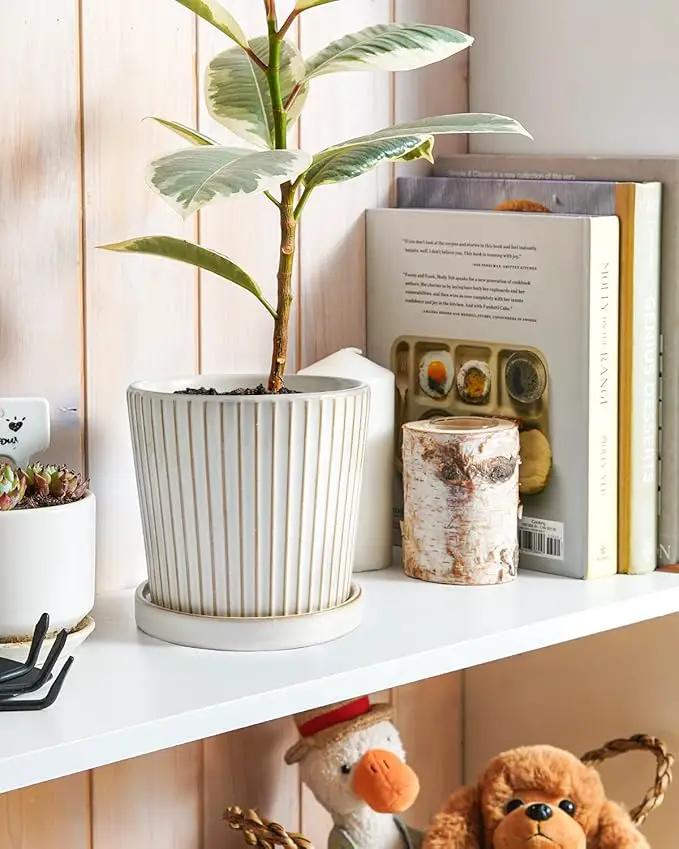 LE TAUCI Ceramic Pots for Plants, 5.4 Inch Plant Pots with Drainage Hole and Saucer, Indoor Plant Pots for Succulent, Snake Plants and Cactus, Flower Pots, Set of 2, Reactive Glaze White by GreenHaven Gardens