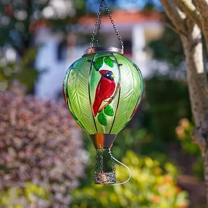 Large Hot Air Balloon Cardinal Solar Lantern Lights with Flame, Green Glass Balloon Lantern Waterproof Outdoor Decor for Garden Yard Patio, Birthday Mother's Day Gifts for Moms Women by GreenHaven Gardens