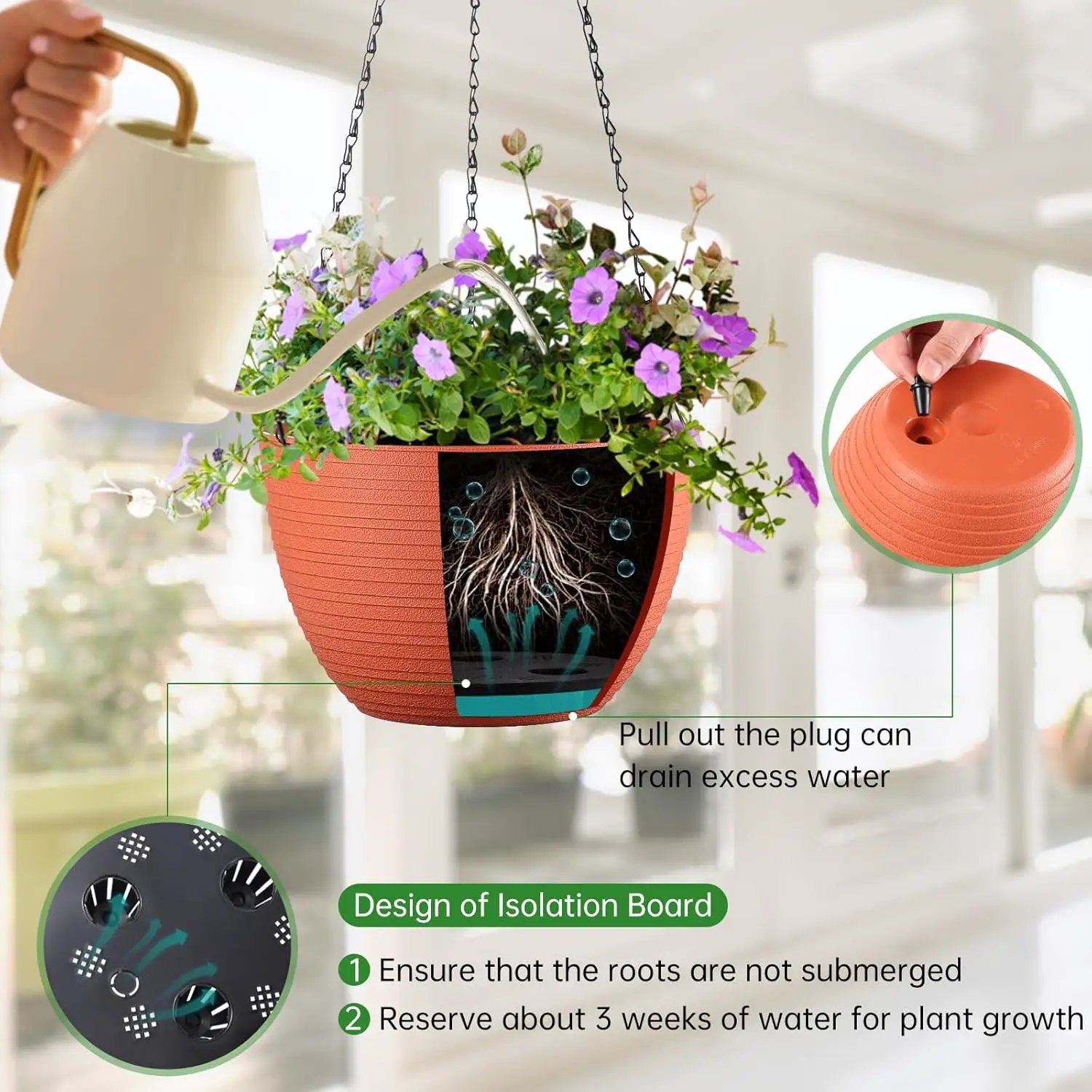 Hanging Planters for Indoor Outdoor Plants, Set of 2 Self Watering Hanging Pots with Drainage Hole & Plug and 20" Chain & Hooks by GreenHaven Gardens