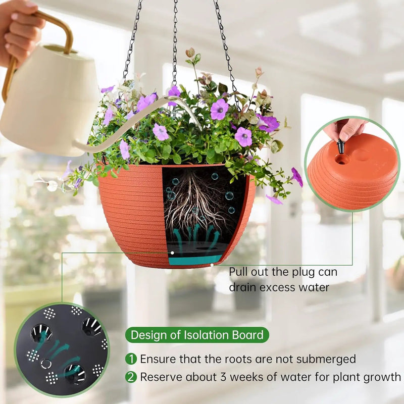 Hanging Planters for Indoor Outdoor Plants, Set of 2 Self Watering Hanging Pots with Drainage Hole & Plug and 20" Chain & Hooks by GreenHaven Gardens