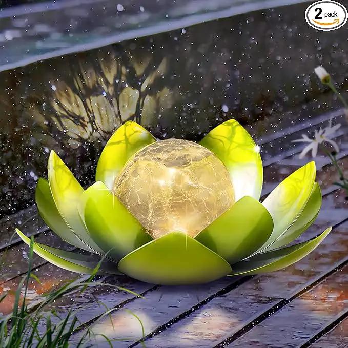 Garden Solar Light Outdoor(2Pack),Crackle Globe Glass Lotus Decoration, Waterproof Metal LED Flower Lights for Patio,Lawn,Walkway,Tabletop,Ground by GreenHaven Gardens