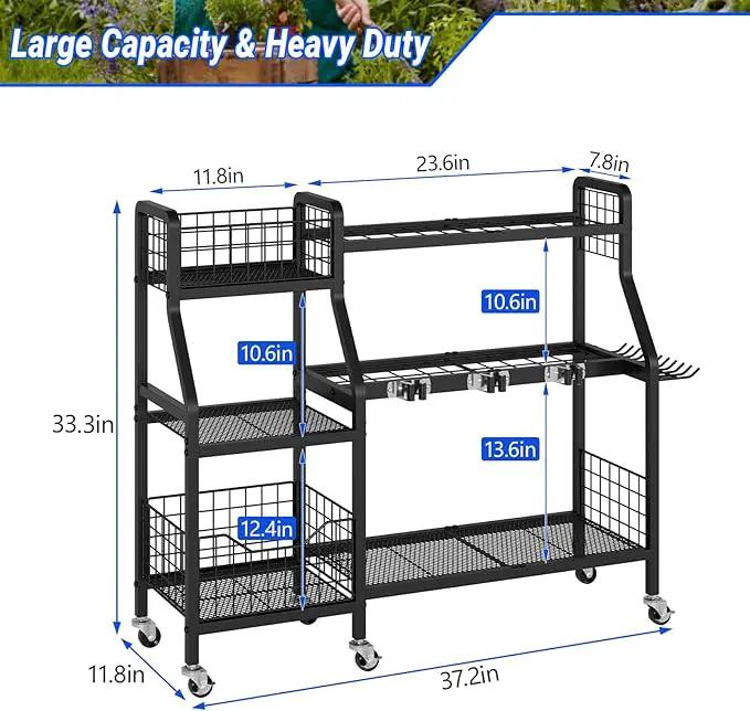 keomaisyto Garden Tool Organizer with 6 Wheels(3 lockable), Heavy Duty Yard Tool organizer with 2 Basket, Large Metal Garage Tool Organization and Storage for Garage/Shed/Yard/Broom Closet/Lawn by GreenHaven Gardens