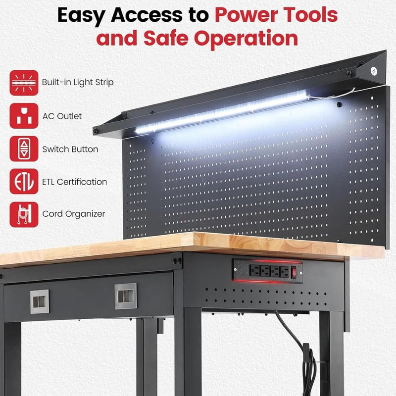 Workbench with Wheels 60 x 22 Inch Adjustable Height Work Table for Garage Heavy Duty Rubberwood Tabletop Work Bench with LED, Drawers, Pegboard, Power Outlets for Office Home Commercial by GreenHaven Gardens