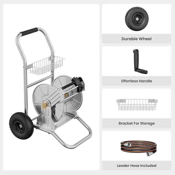 Giraffe Tools Garden Hose Reel Cart with Wheels, Stainless Steel Heavy Duty Water Hose Reel Cart, 200 ft of 1/2 Capacity, Mobile for Outside by GreenHaven Gardens