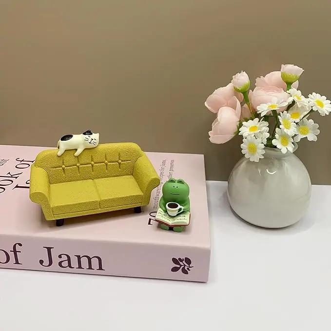 Miniature Figurines Set - Cute Frog & Cat with Mini Sofa, Tiny Desk Decor Accessories for Home Office Bedroom Shelf Table Garden Decoration by GreenHaven Gardens
